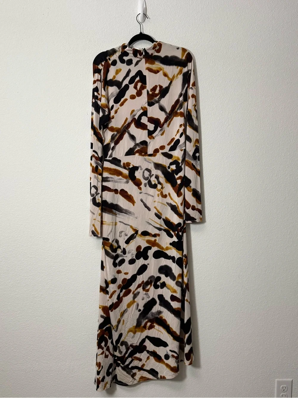 A.L.C. Lia Jersey Printed Maxi Dress Black Camel Abstract Ruched XL $795